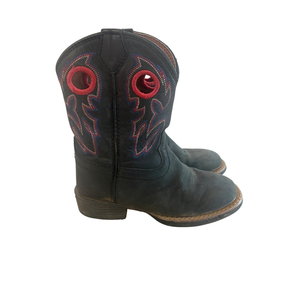 Justin Boots Kids 11 Black Red Embroidered Leather Classic Cowboy Boots